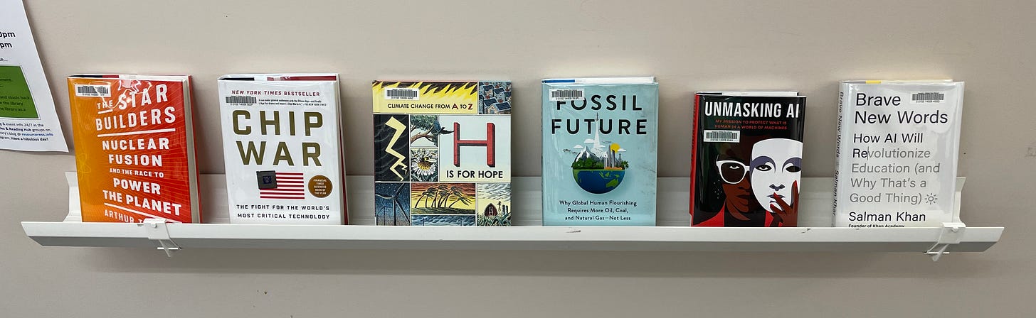 The Star Builders, Chip War, H is for Hope, Fossil Future, Unmasking AI, and Brave New Words - books on display in a section of rain gutter attached to wall.