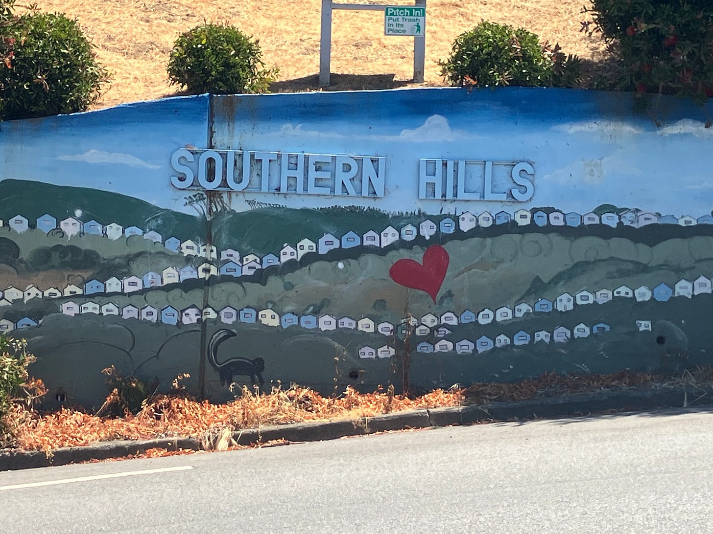 mural of daly city's little box houses in the southern hills neighborhood with an image of a heart in the middle