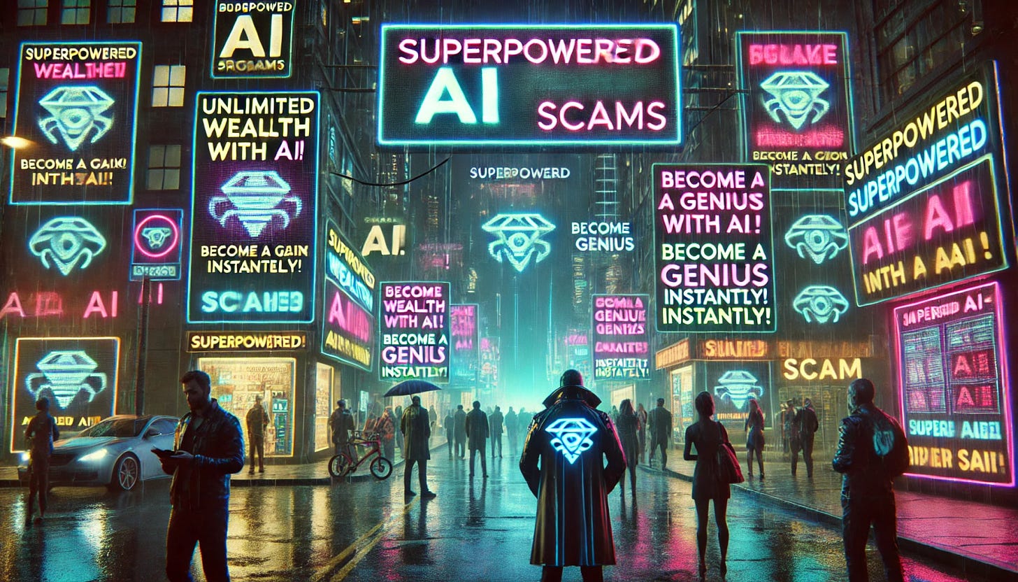 A futuristic cyberpunk cityscape with glowing neon signs and holograms advertising 'Superpowered AI' scams. The scene includes shady figures in high-tech suits selling fraudulent AI programs to unsuspecting customers. Some holograms display fake promises like 'Unlimited Wealth with AI!' and 'Become a Genius Instantly!' while glitching ominously. The atmosphere is dark and moody, with rain reflecting neon lights on the streets. A few people in the crowd look skeptical, while others eagerly buy into the scam. The overall aesthetic is a mix of cyberpunk and dystopian themes.