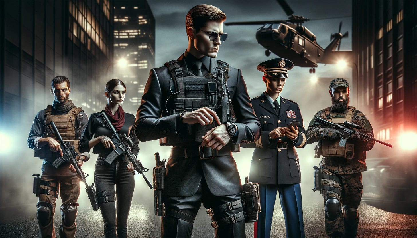 A cinematic scene featuring a diverse group of professionals in a high-stakes scenario. In the foreground, a spy clad in sleek, dark attire, equipped with high-tech gadgets and a determined expression, is coordinating a covert operation. Beside them, a marine in combat gear, holding a rifle, stands ready, showcasing strength and resilience. An army officer, in dress uniform, exudes authority and strategy, holding a map and a radio. To the side, a policewoman in full uniform, badge shining, holds a radio in one hand and a pistol in the other, representing law enforcement's bravery and commitment. The setting is an urban environment at dusk, with the glow of the city lights providing a dramatic backdrop.