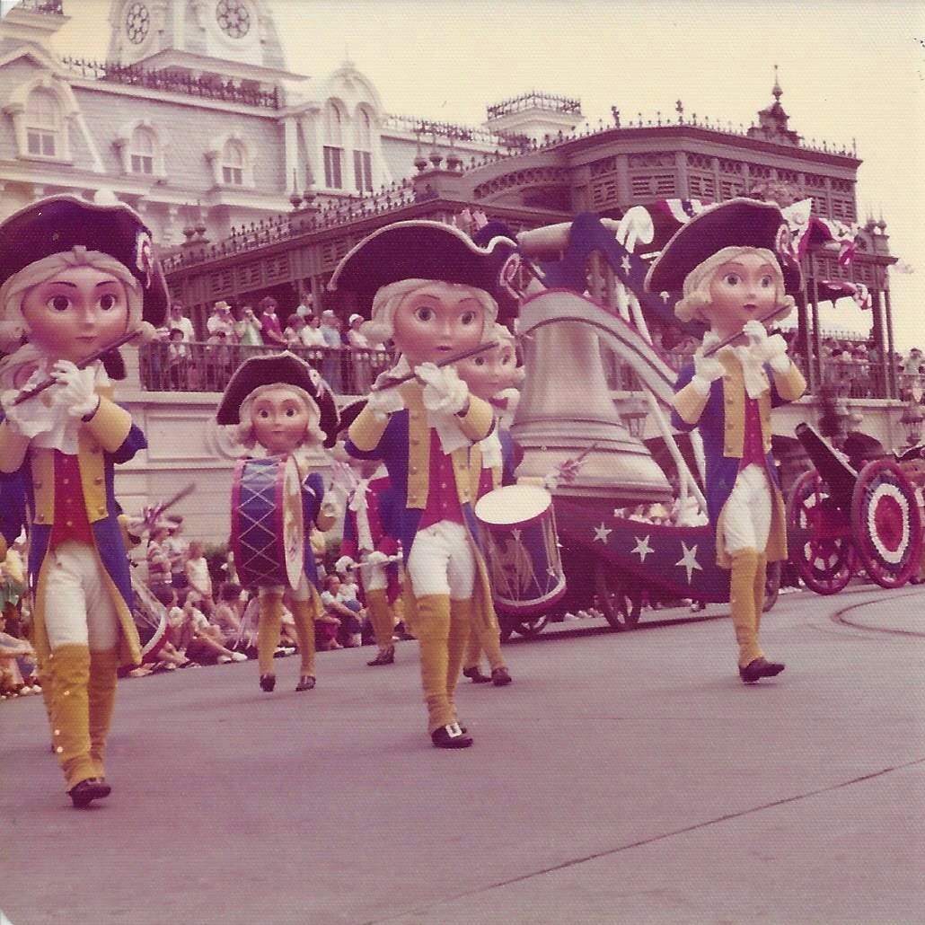 Super-sized colonial characters march at Disney World's Bicentennial parade in 1976.