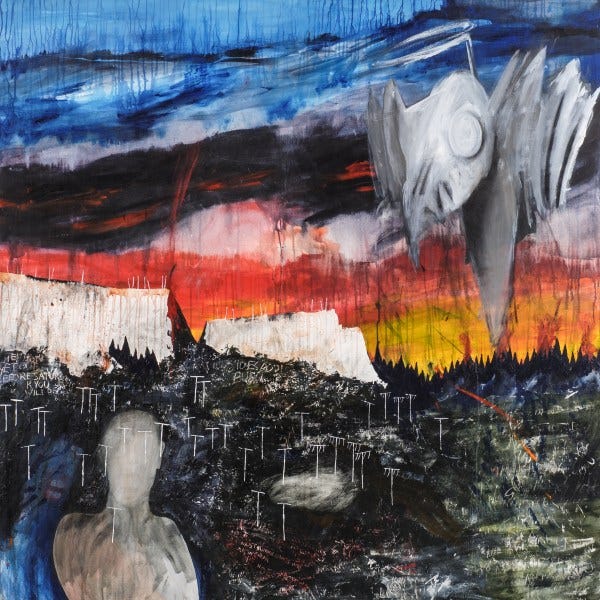 emotionally charged, abstract painting with a dark and somber mood. The composition features a dramatic sky with intense colors - deep blues at the top transitioning to fiery oranges, reds and yellows along the horizon. The lower portion depicts what seems to be a grim landscape filled with cross-like shapes, suggesting a cemetery or memorial field.  There are ghostly gray figures or shapes - one prominently in the bottom left corner and what appears to be another ethereal form in the right portion of the sky. The brushwork is expressive and loose, with paint drips visible, adding to the emotional intensity of the piece.  The contrast between the dark, somber ground and the blazing sky creates a powerful visual tension. The overall effect is haunting and melancholic, possibly commenting on themes of loss, memory, or the aftermath of tragedy. The style appears to blend elements of expressionism with abstract techniques.