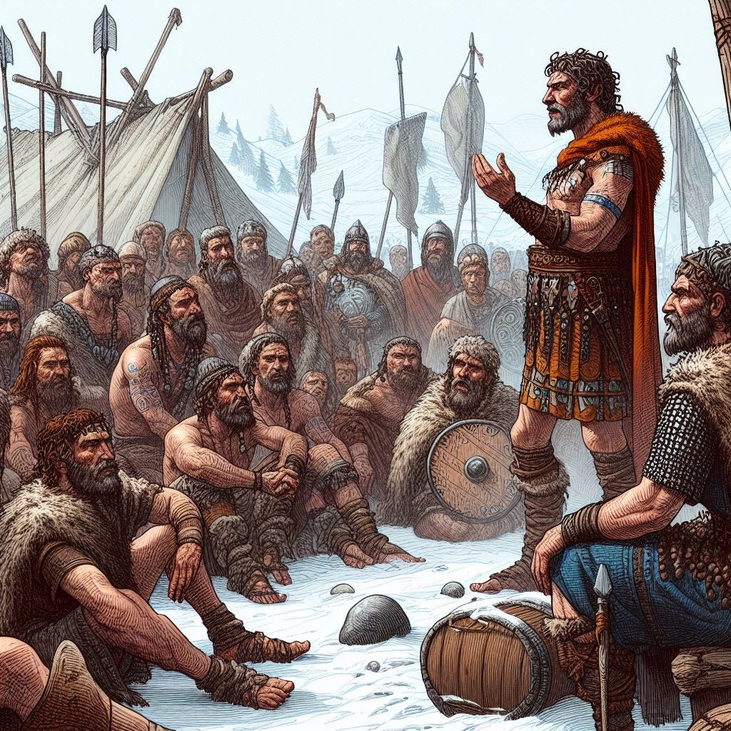 Hannibal giving a speech to Celtic tribes from his camp in North italy during the winter, detailed sketch style, coloured