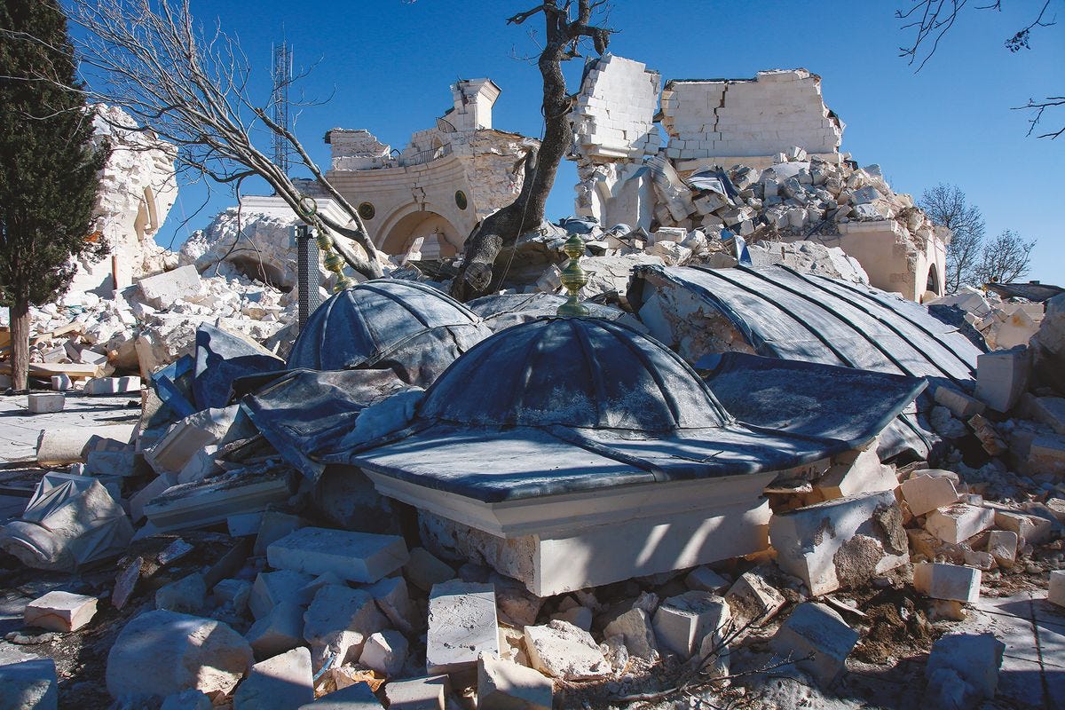 The Hazrat Ukkaşe Tomb in Gaziantep’s Nurdağı district and the buildings around it, including the mosque, collapsed following the  earthquakes on 6 February Photo: Hakan Akgun/dia images via Getty Images