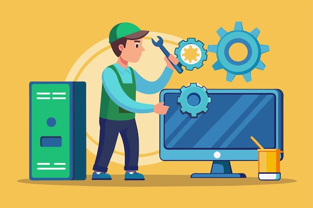 A man is using a wrench to repair a computer screen Computer technician repairing computer screen with gear and wrench Simple and minimalist flat Vector Illustration