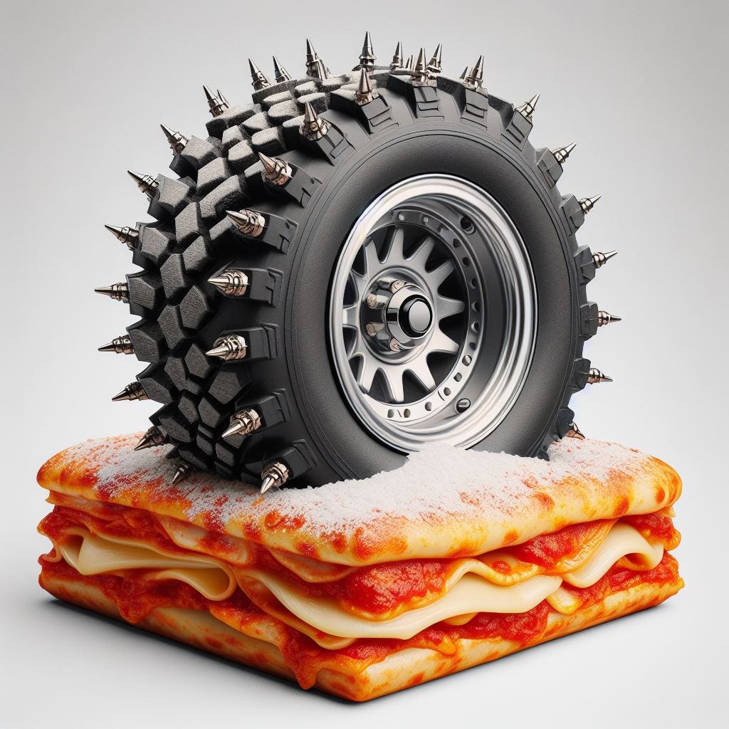 A studded tire on top of lasagna