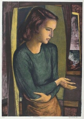 A young woman stands beside a window in a posture of hesitation, one arm wrapped around her middle, one halfway extended as if to illustrate hesitance.