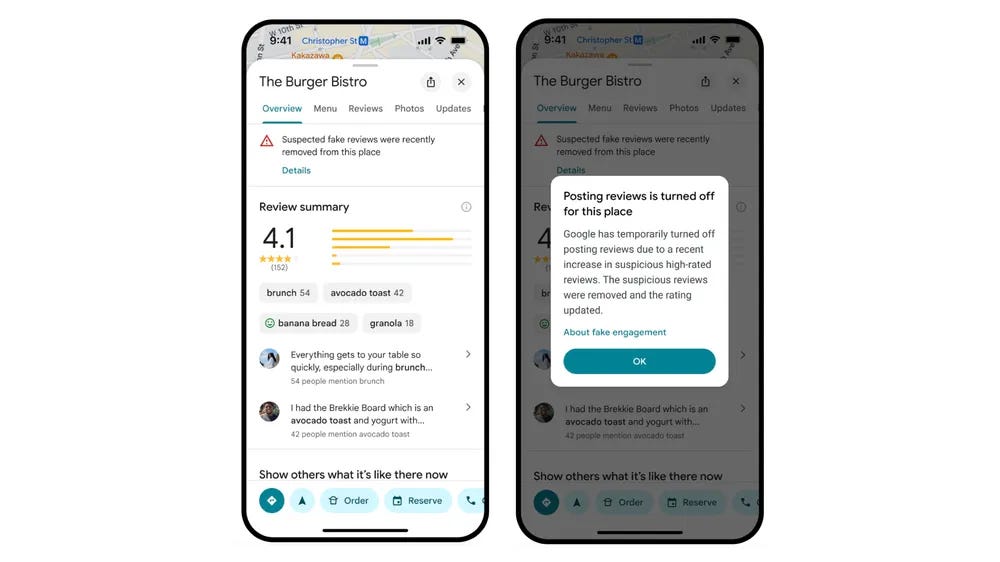 An image showing a warning on a business that has had a suspicious increase in high-rated reviews.