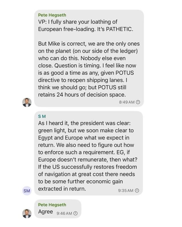 r/Fauxmoi - Here is the entire transcript of messages from the Signal group chat just released by Jeffrey Goldberg and The Atlantic:
