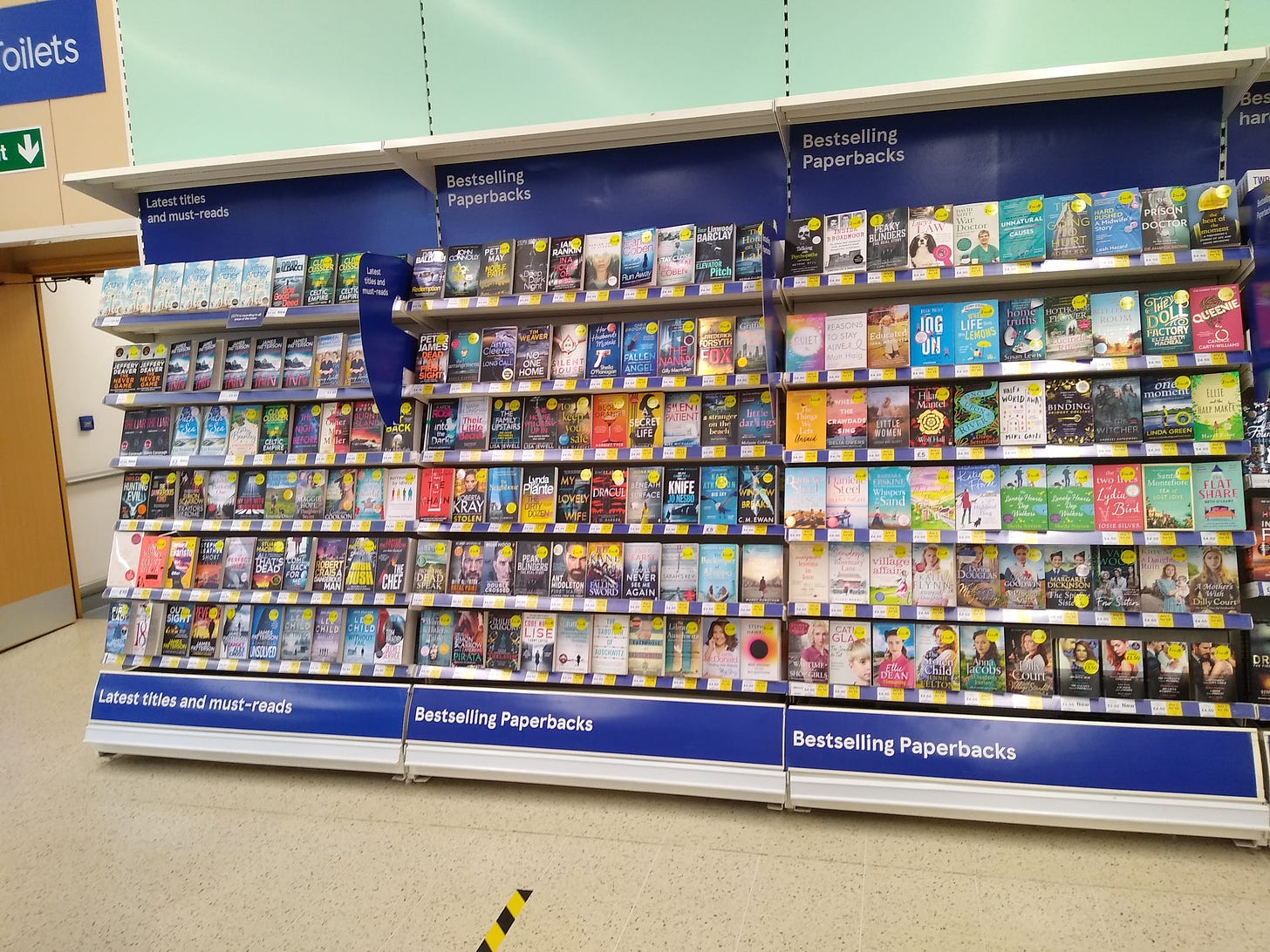 Photo of fully-stocked bookshelves in a supermarket