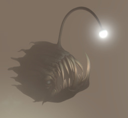 An imaginary space angler fish, hanging its light in front of its mouth, waiting for an unwary traveller