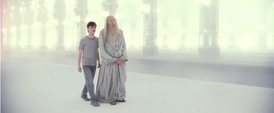 Harry and Dumbledore walking through Kings Cross Station in Harry Potter and the Deathly Hallows Part 2