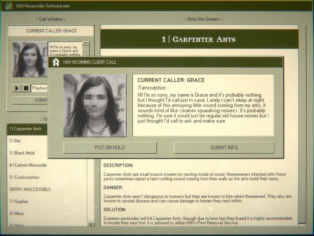 A screenshot of the database from Home Safety Hotline, where you are getting an incoming call from a woman named Grace. She is describing dealing with mice. In the background, we can see the player's database open.