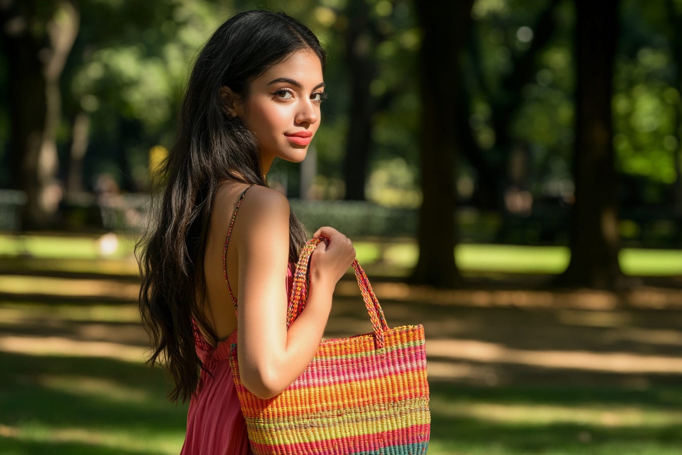 Young woman carrying a tote bag on a summer day in a park.