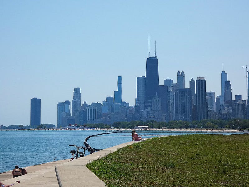 The Chicago skyline as seen from the edge of Lake Michigan.