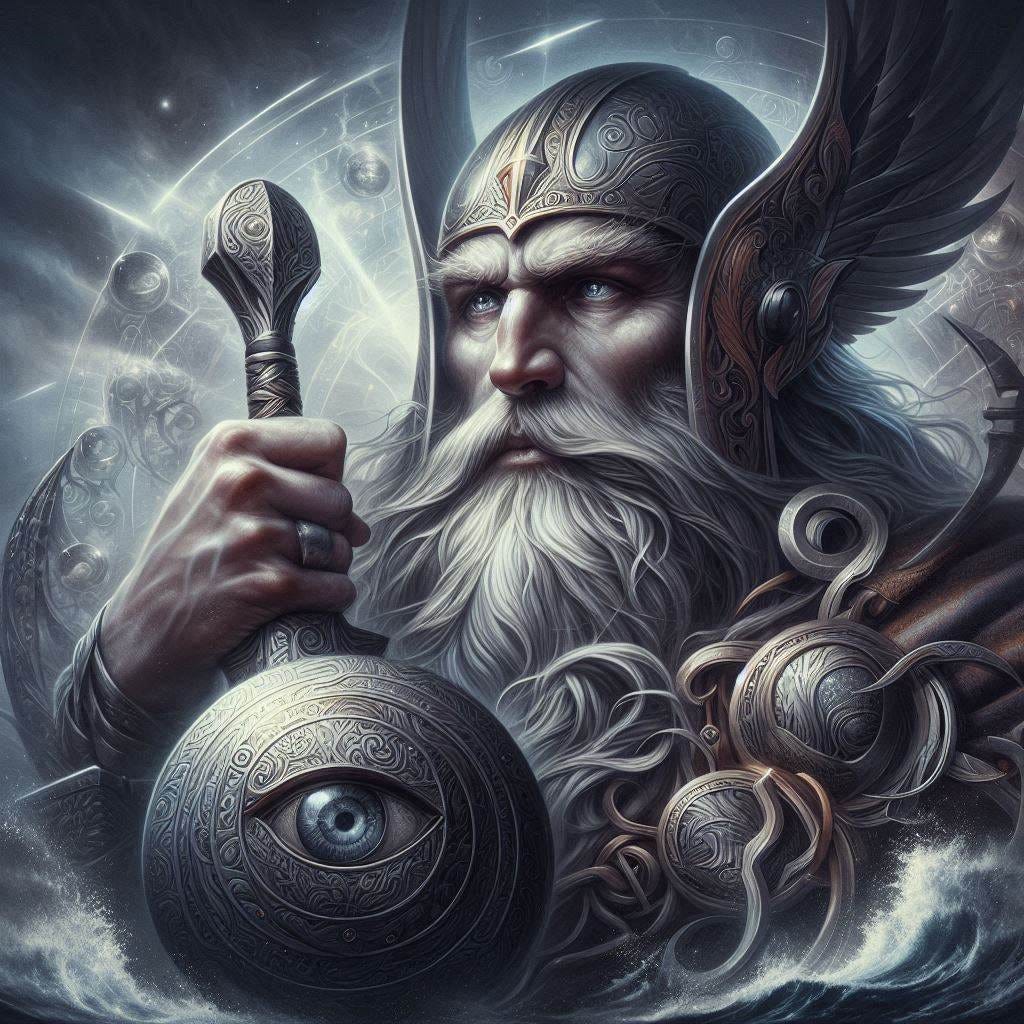 The Norse god Odin sacrificed an eye for wisdom and knowledge photo realism style