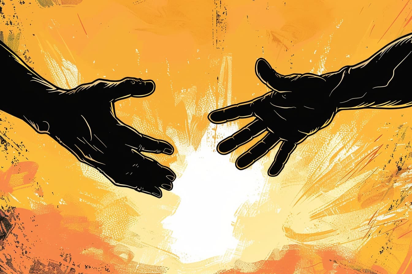 graphic novel illustration of a silhouette of Two hands reaching out to each other over a bright yellow background