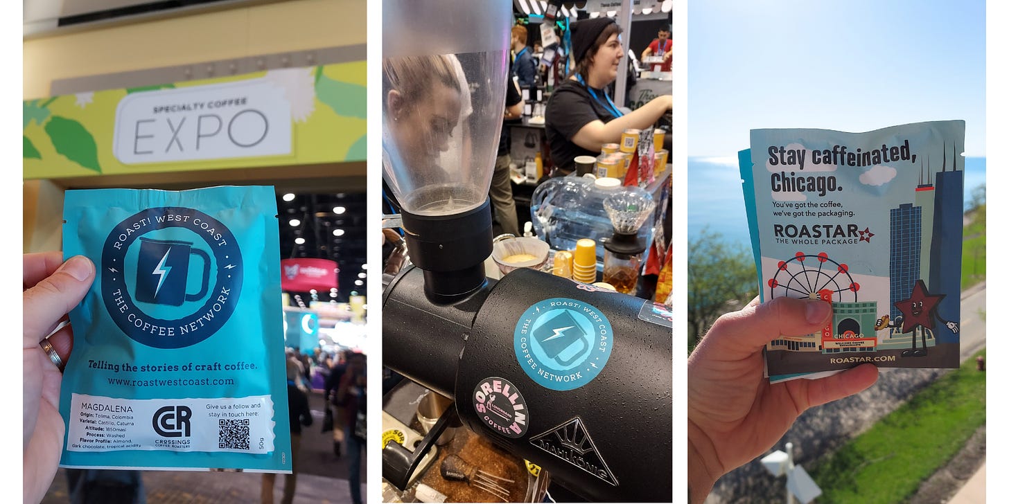 Three photos from left: A coffee sample pack is held up in front of the Specialty Coffee Expo entrance. A close-up of a brand stickers on a coffee grinder with baristas working in the background. A close up of a coffee sample with the blue of Lake Michigan in the background.