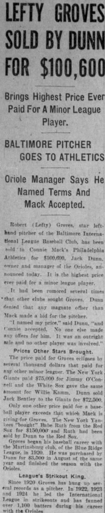 1924 Baltimore Sun Lefty Grove Sold
