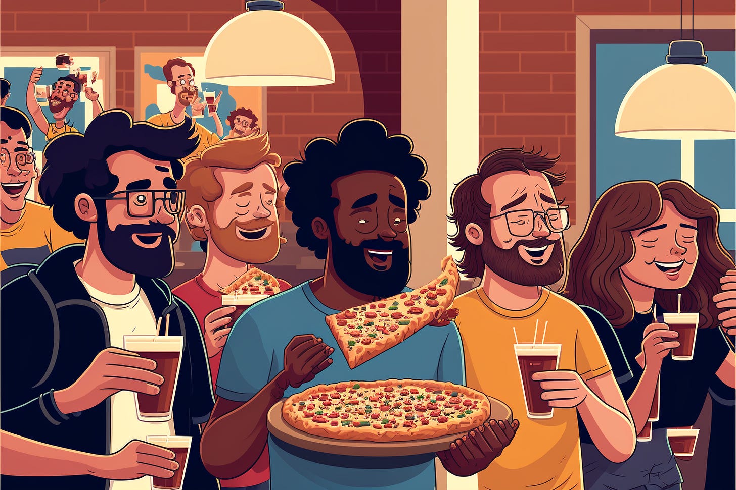 AI startup founders having a pizza happy hour in San Francisco, diverse crowd, minimalist cartoon