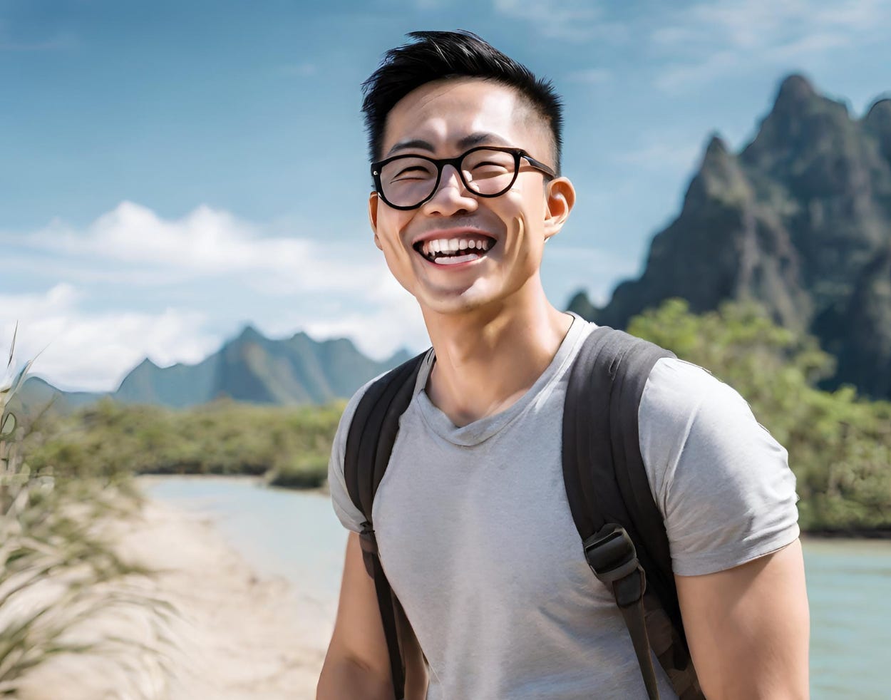 Asian man aged 28 to 30, looking semi-muscular, wearing glasses, travelling somewhere exotic, sunny, achieving his goals and looking happy. Landscape orientation.