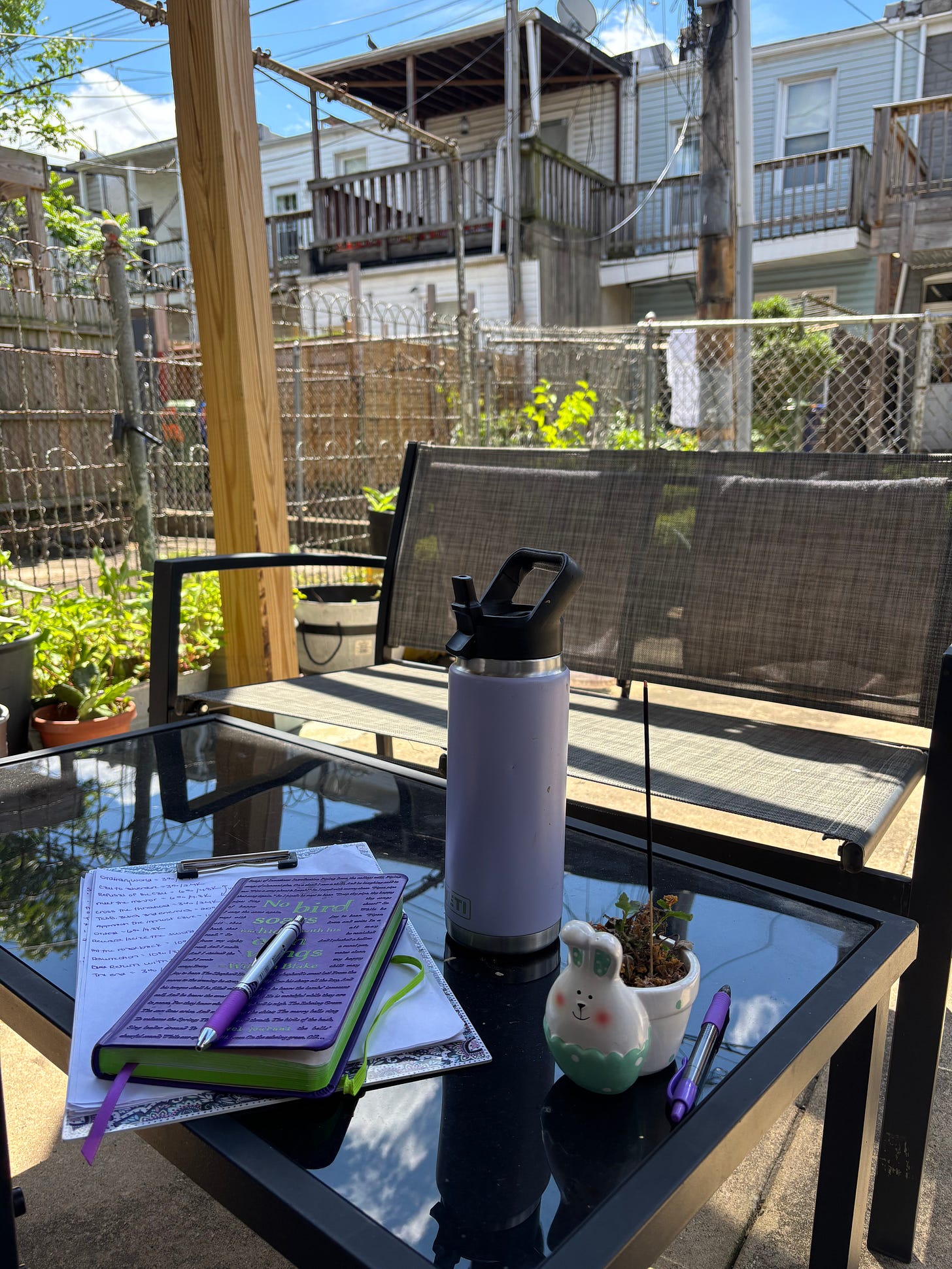 My recent writing set-up on my patio.