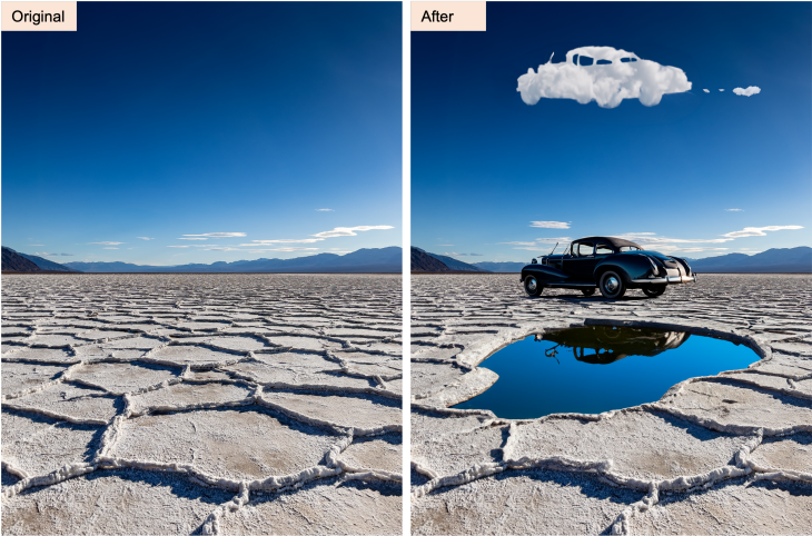 Adobe example of geberative AI; water, car and cloud added to desert scene