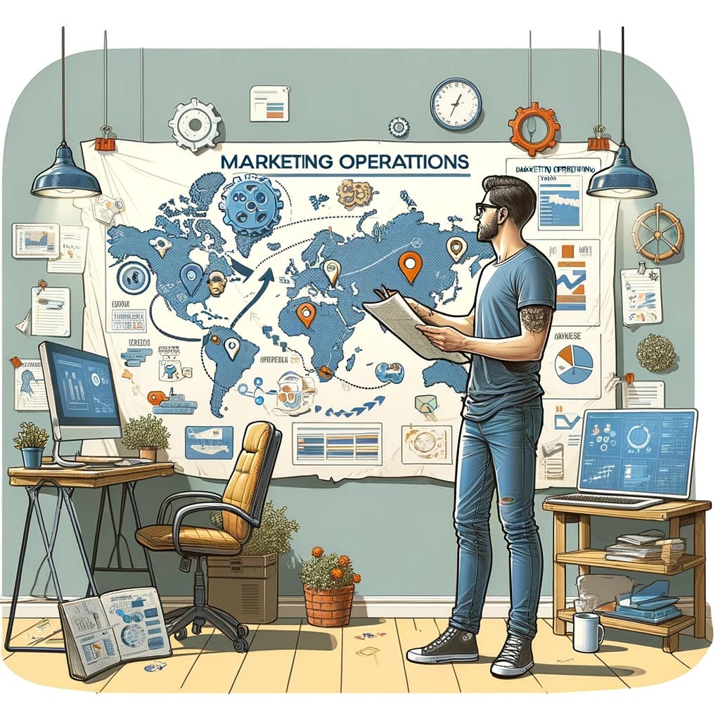 An updated illustration of a marketing operations professional, now dressed in casual clothing like a t-shirt and jeans, representing a more relaxed and approachable image. The professional is engaged in examining a large map that illustrates their career journey in marketing operations. Beside them is a computer, symbolizing the integration of technology and digital tools in their career. The setting is a casual, perhaps home office environment, with a mix of creative marketing elements and personal touches, such as a comfortable chair, a coffee mug, and informal notes or sketches related to marketing strategies.