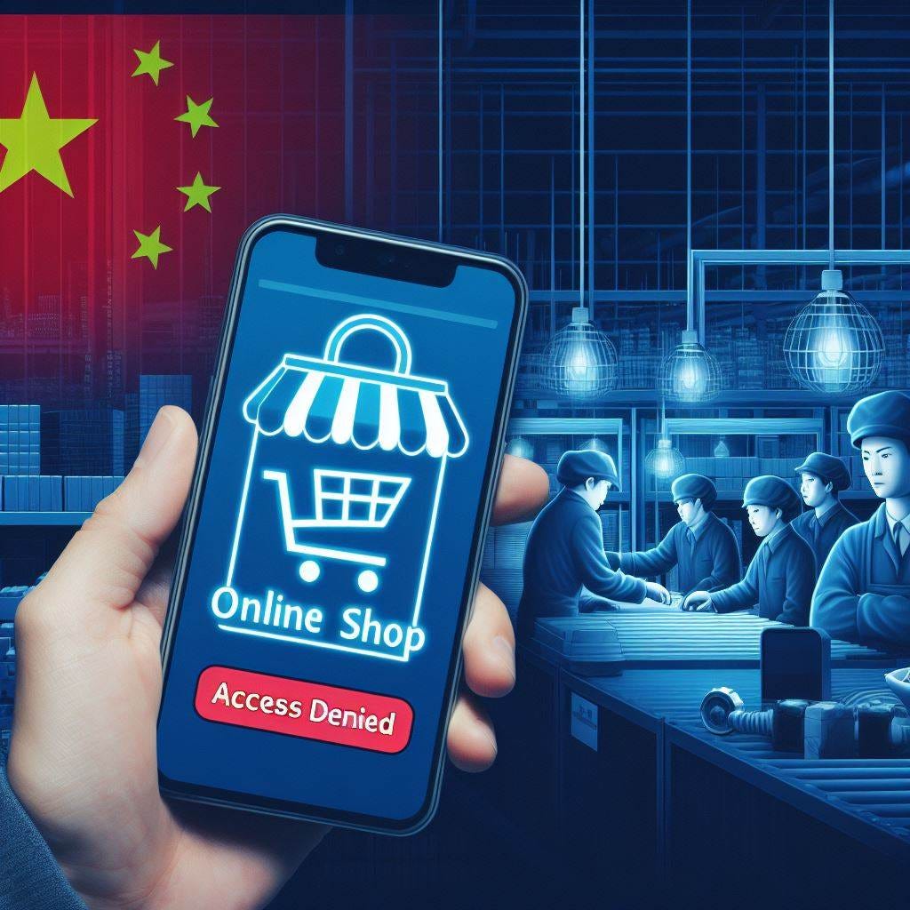 An image depicting a western hand operating a smartphone with an online shop on the screen showing access denied. In the background, Chinese workers are seen in a factory looking unhappy. The main color theme is dark blue with variations.