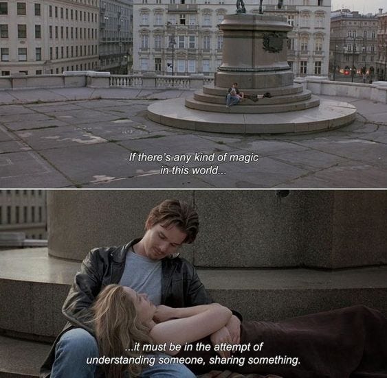 This may contain: two pictures with the same person hugging each other in front of a fountain and an image of a statue