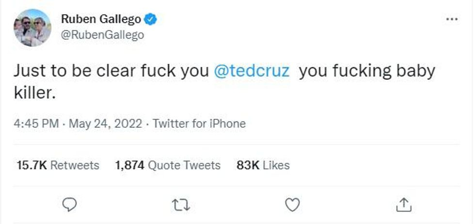 tweet by Ruben Gallego: "Just to be clear fuck you  @tedcruz  you fucking baby killer."