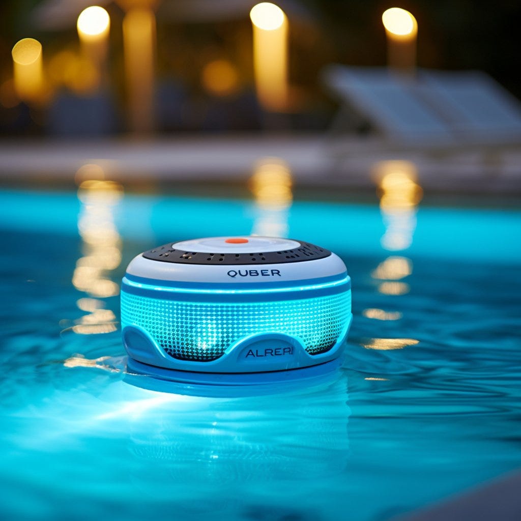 The AquaSpeaker: a floating Bluetooth speaker that combines a waterproof speaker and a color-changing LED light, enhancing your pool parties or bath time with music and vibrant visual effects.