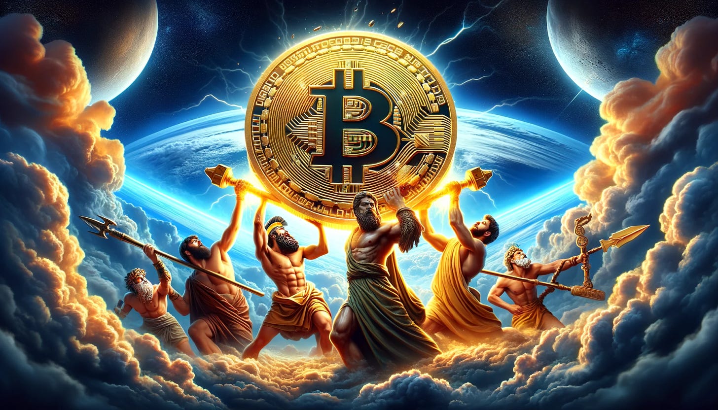 A wide, dramatic image depicting Greek gods holding a massive, glowing Bitcoin symbol above the clouds. The scene is set high above the earth, with the sky transitioning from the deep blues of the lower atmosphere to the black of space. The gods, represented in classic Greek style, are straining under the weight of the Bitcoin, showcasing their muscular physiques and draped in flowing robes. Among them, Zeus, with a lightning bolt in one hand, and Athena, wearing her helmet, are prominently displayed. The Bitcoin symbol is radiating a golden light, casting dynamic shadows and highlighting the gods' struggle. The overall atmosphere is powerful and mythical, with a color palette that combines the golden hues of the Bitcoin with the rich blues and whites of the sky and clouds.