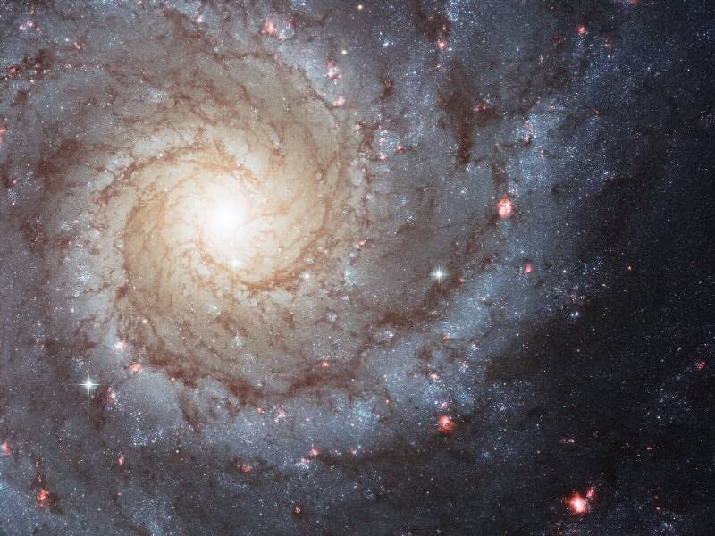 The grand-design spiral galaxy Messier 74 as photographed by the Hubble Space Telescope.