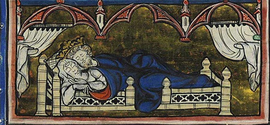 Arthur's conception in the 13th-century prose version of Merlin, manuscript copied in Saint-Omer, (c.1280–1290) (Public Domain)