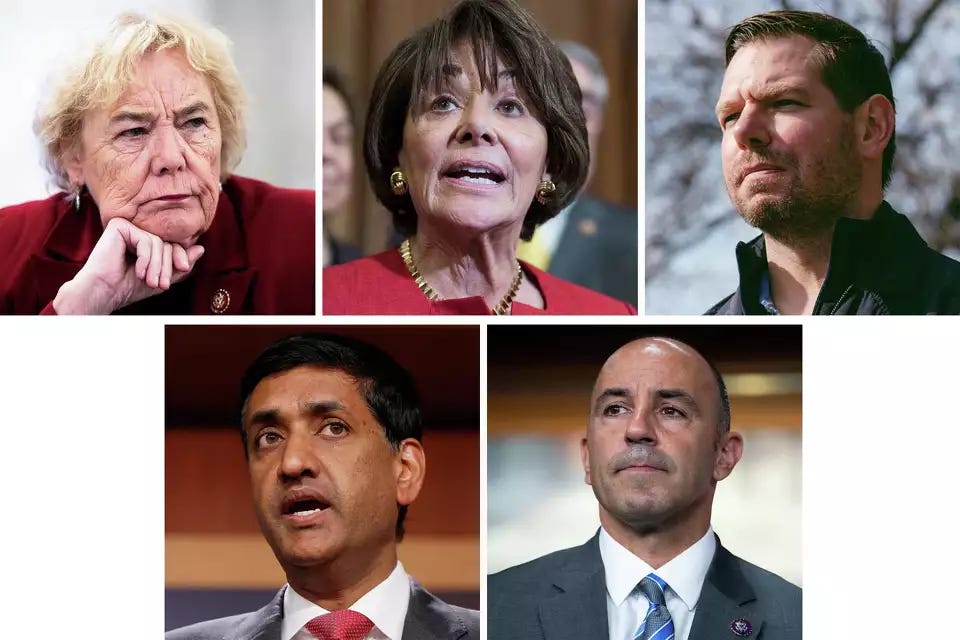 California Democratic House Representatives who attended the now-infamous Muwekma Ohlone meeting (clockwise from top left) Zoe Lofgren, Anna Eshoo, Eric Swalwell, Jimmy Panetta, and Ro Khanna.