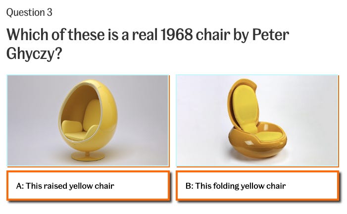 A screenshot of a quiz question on the mused website. Two yellow chairs are shown and the question asks which is a real 1968 chair by Peter Ghyczy?