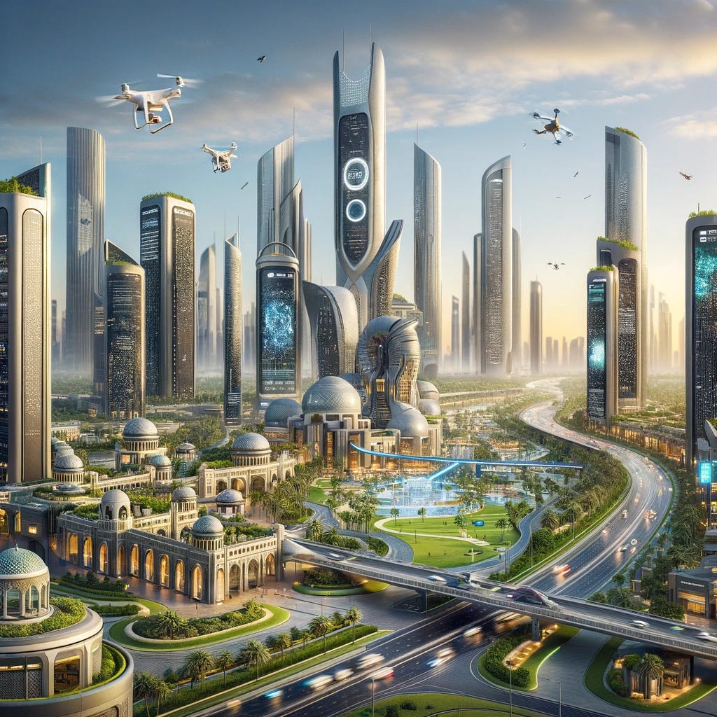 Visualize the United Arab Emirates as a beacon of innovation, with a focus on its successful integration of advanced technologies in public administration. The image captures a futuristic cityscape of the UAE, where traditional architectural elements blend seamlessly with ultra-modern, high-tech buildings. Skyscrapers adorned with digital screens and solar panels tower over lush green spaces and smart public transportation systems. Drones and autonomous vehicles move efficiently between buildings, symbolizing the country's commitment to sustainable and smart city solutions. The scene conveys a harmonious balance between technology and tradition, highlighting the UAE's status as one of the most innovative countries, especially in terms of public administration benefits.
