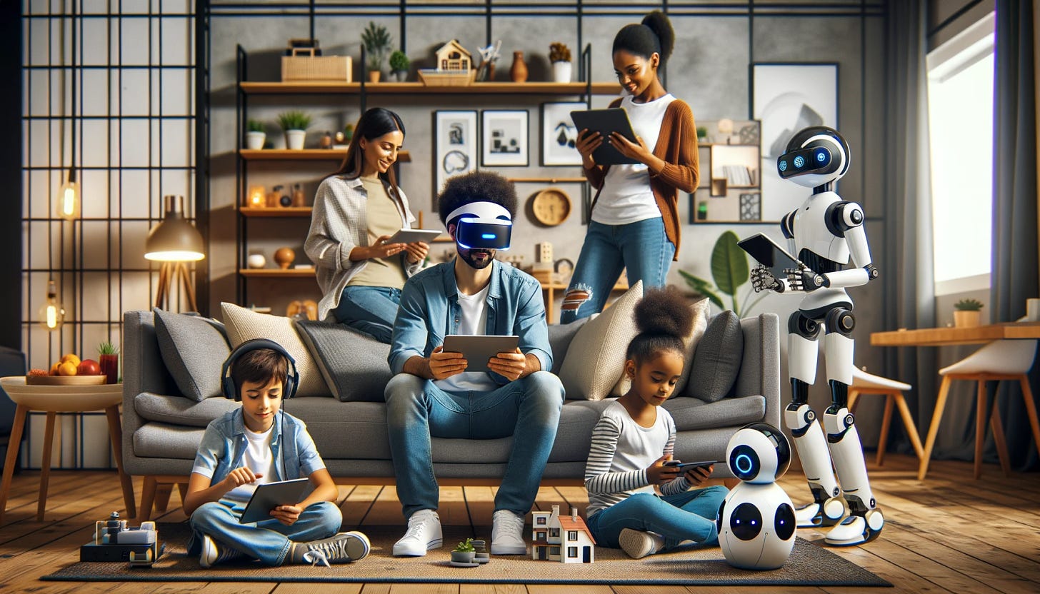 A tech-obsessed couple and their three internet-savvy kids are gathered in their smart home's living room. The couple, a Caucasian man and a Black woman, are each using a tablet with a futuristic design. Their three children, a Hispanic boy, a Middle-Eastern girl, and a South Asian girl, are engaged in activities on their high-tech gadgets, like a virtual reality headset and advanced gaming devices. In the corner, a friendly robot dog is interacting with a smart toy. The room is filled with modern, tech-inspired décor, showcasing a blend of technology and comfort.