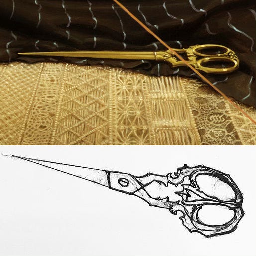 Painting detail compared with the preliminary sketch of the scissors with Death's head pattern. Woven in the pattern of the rug is the artist's sigil, a stylized M and W crossed by a diagonal inside a circle, and the year '85.