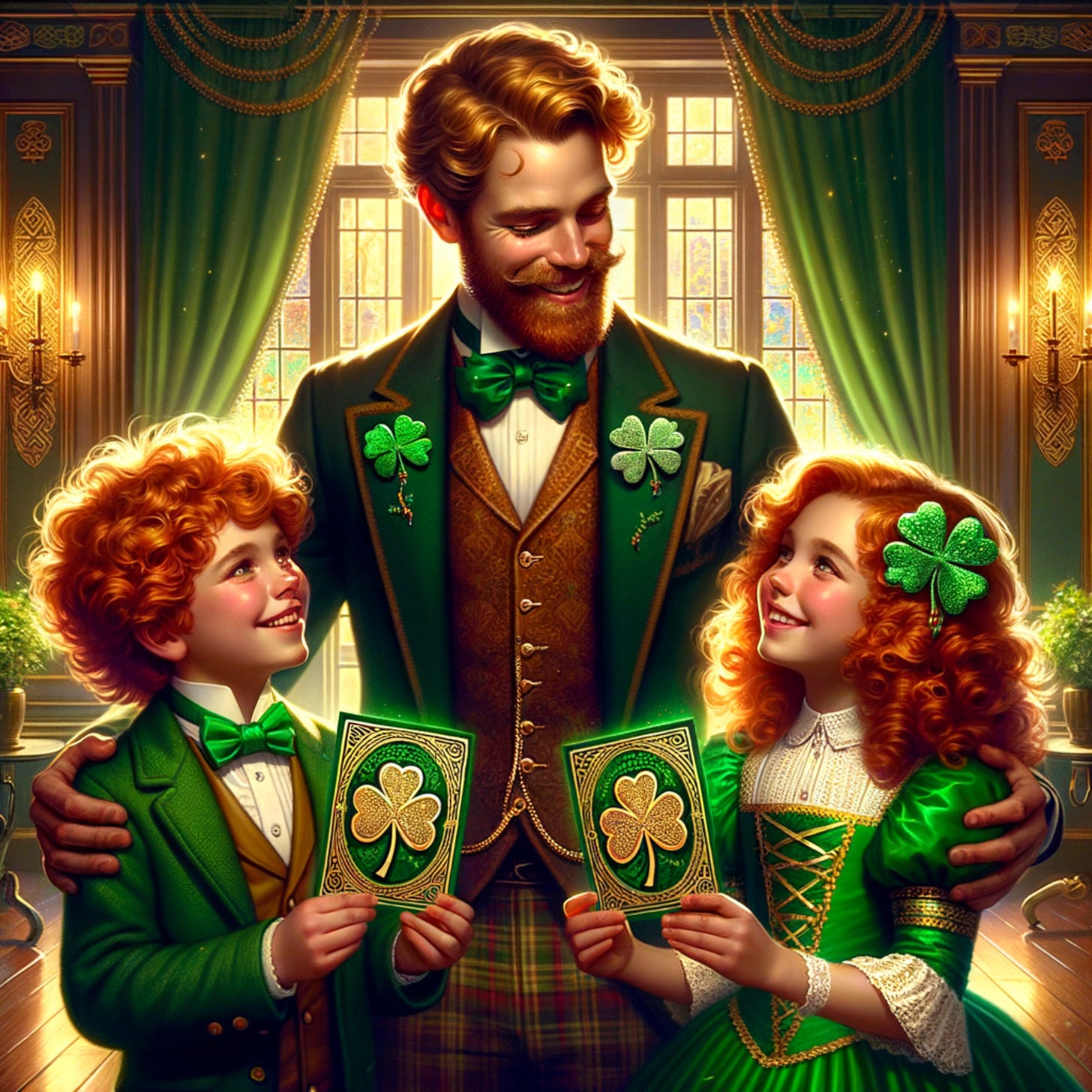 This image features three characters in a richly detailed, warm indoor setting that has an old-fashioned, perhaps Victorian, feel to it. The central figure is a man with a full beard, a friendly smile, and wavy hair. He wears a dark green suit jacket with a patterned green vest underneath, a crisp white shirt, and a bright green bow tie. On his jacket lapel is a shamrock pin, suggesting an Irish theme or a St. Patrick's Day celebration.  To his right is a young girl with vibrant, curly red hair adorned with a green headband that has a shamrock decoration. She is dressed in a festive, green dress with a lighter green apron or front piece that laces up with a golden cord. Her dress also has puff sleeves and a white frill at the collar. She is holding a large playing card, also with a shamrock on it, and is gazing up at the man with a look of adoration or deep affection.  On the man's other side is a young boy, also with curly red hair and a beaming smile. He is dressed in a green suit matching the man's in color and style, complete with a bow tie and a shamrock pin on his lapel. He, too, holds a large playing card featuring a shamrock.  Behind them, the room is ornate with wood paneling, patterned wallpaper, heavy drapery, and tasseled tiebacks at the windows, which let in a golden light. The windows are adorned with stained glass at the top, lending an air of grandeur to the scene. Overall, the image conveys a sense of joy, warmth, and celebration, heavily themed around Irish culture.