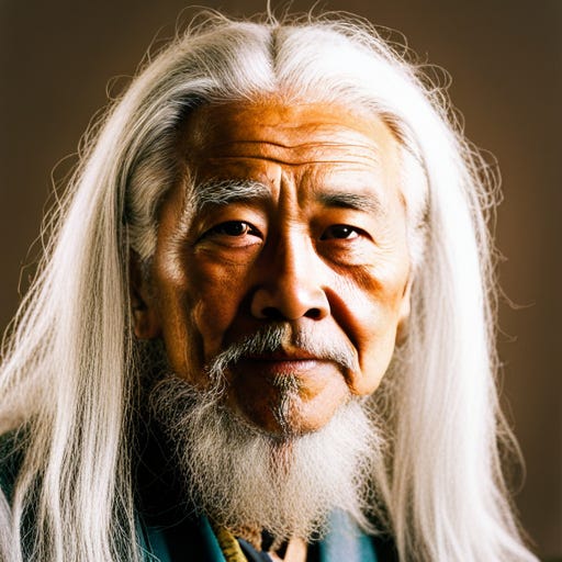 a headshot of an elderly Korean man with long white hair and white beard