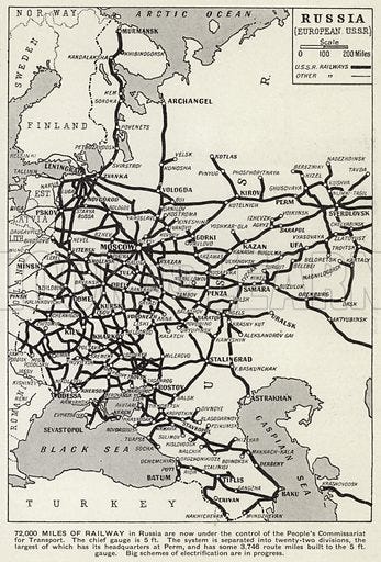Map of the railway network in the European part of the Soviet … stock image  | Look and Learn