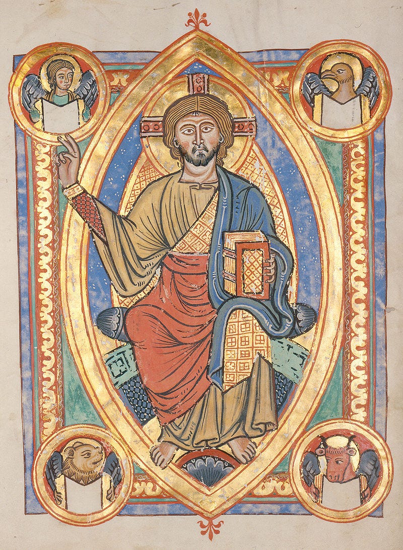 Christ in Majesty within a mandorla-shaped aureola in a medieval illuminated manuscript
