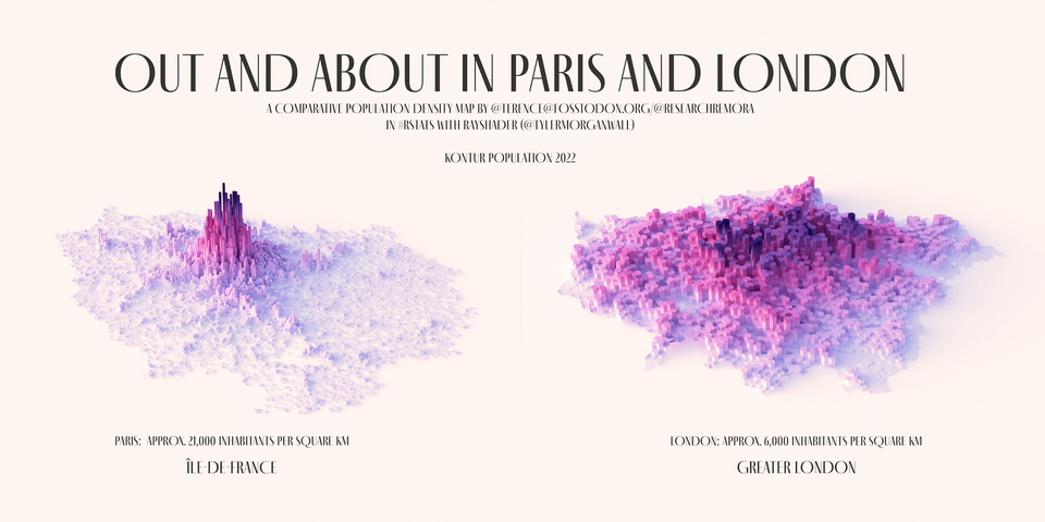 r/dataisbeautiful - [OC] A comparative 3D population density map of Paris and London