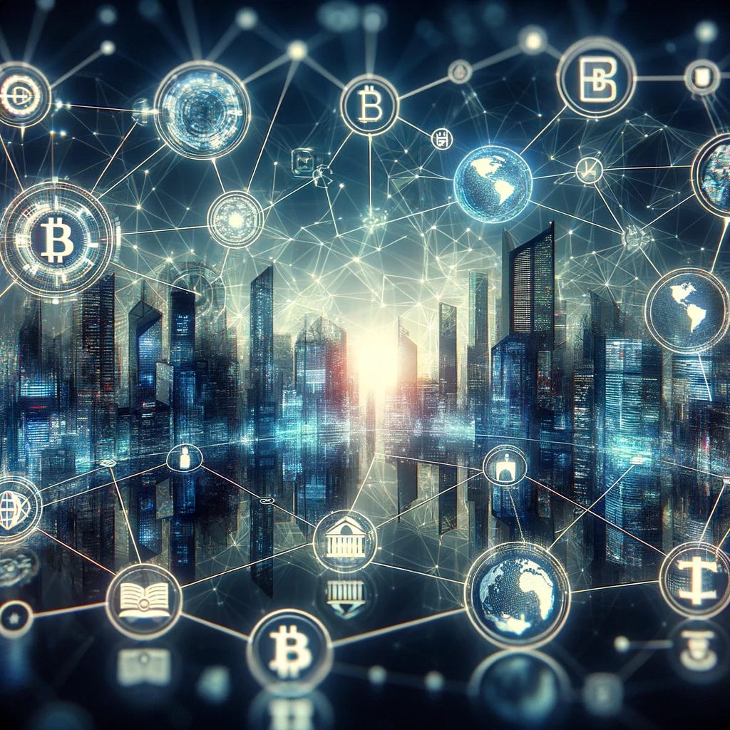 Imagine a visually compelling scene representing 45 institutions and banks coming together for a large-scale blockchain technology pilot in the financial world. The image should symbolize collaboration and innovation, featuring abstract representations of these institutions, such as iconic buildings or logos, interconnected with digital blockchain links. This network of connections should emphasize the global impact and technological advancement, with a futuristic and digital aesthetic, highlighting the blockchain's secure and transparent nature.