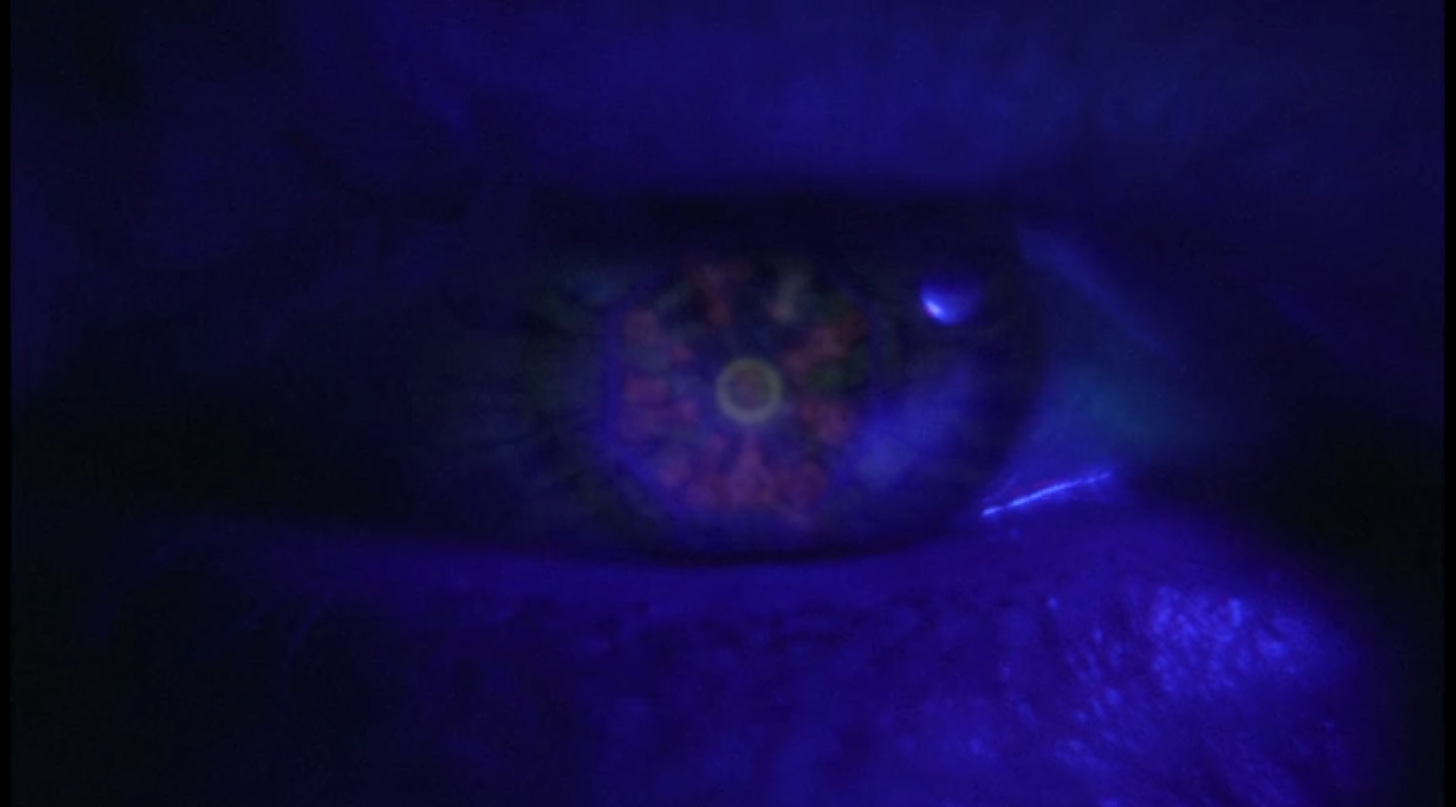 Closeup of an eye in blue light. The mystery map of the Swan bunker is reflected in the iris.