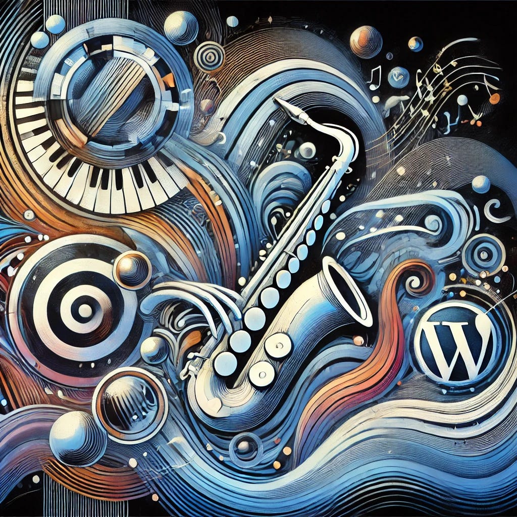 An abstract digital illustration celebrating the latest WordPress 6.7 'Rollins' release. The image features a dynamic blend of vivid colors, primarily blue and white tones representing WordPress, and elements inspired by jazz saxophonist Sonny Rollins. Flowing lines and shapes suggest improvisation and creativity, with rhythmic, wave-like patterns symbolizing the innovative new features like font control, block connections, and performance improvements. Visual motifs hint at a music score intertwined with digital elements, embodying a blend of technology and artistic expression.