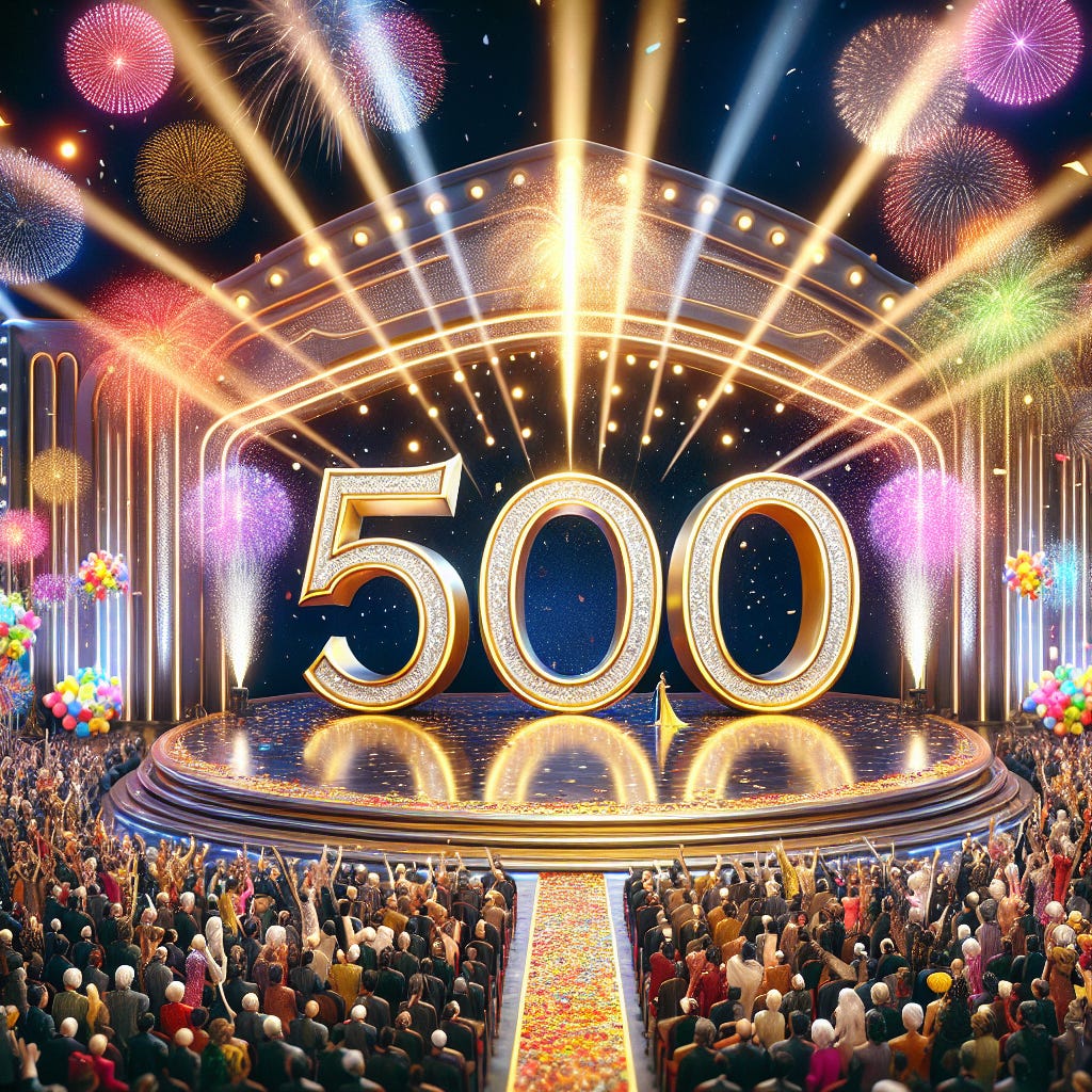 Number 500 on a stage, the numbers are golden and the audience is full of people cheering