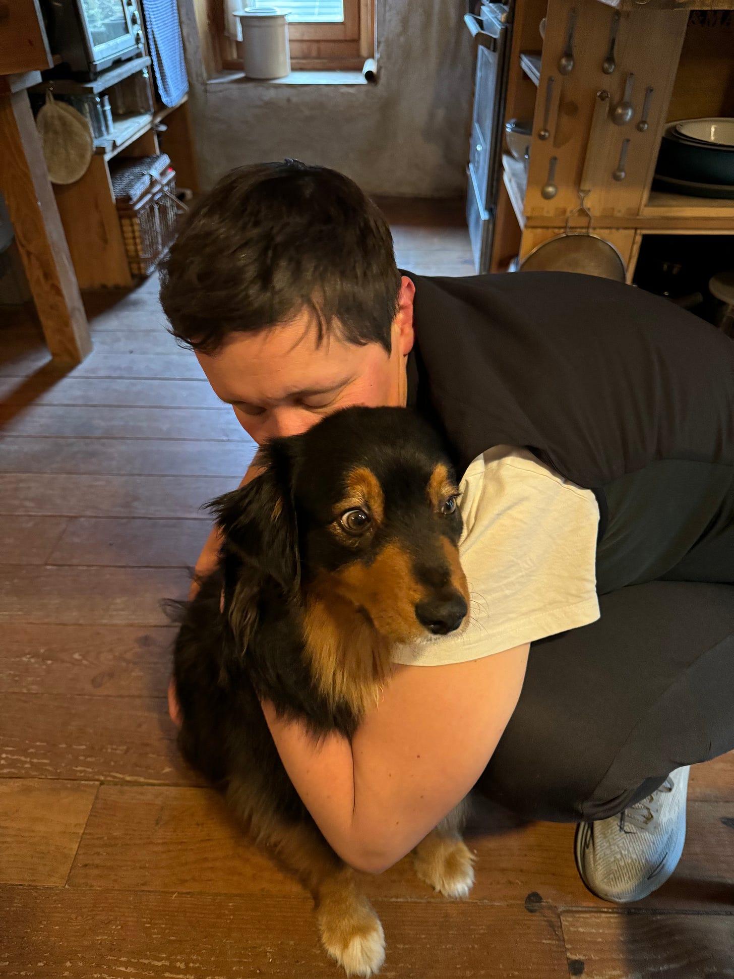 A person crouches on a wooden floor in a homely kitchen, giving a hug to a black, brown, and tan dog. The person's head is nuzzled into the dog, obscuring their face. The dog, held in the embrace, looks slightly apprehensive expression, suggesting it may be feeling nervous or unsure.